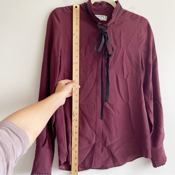Frame Ruffle Neck Contrast Tie Silk Blouse XS burgundy Edwardian renaissance red - Picture 9 of 14